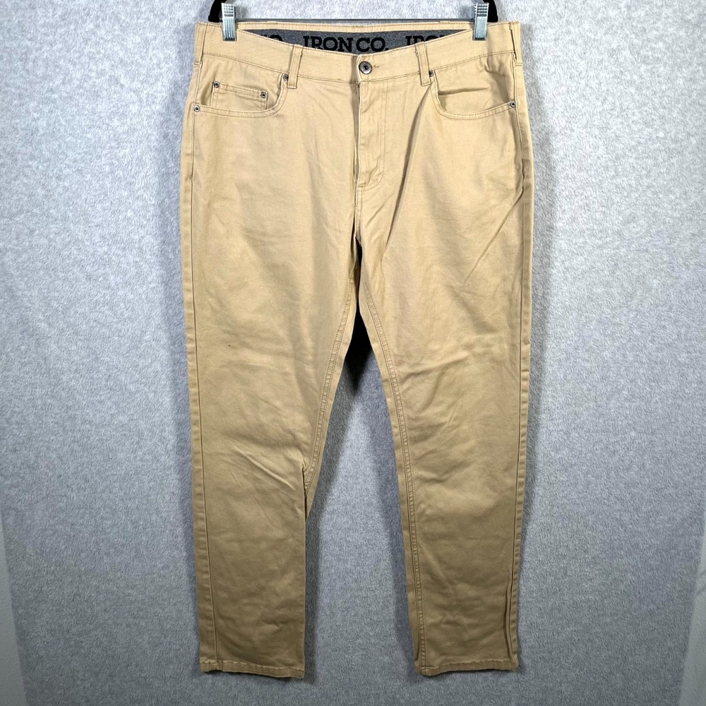 Iron Co Hay Pants Men 36/32 Beige Cotton Stretch Flat Front Straight Leg Classic